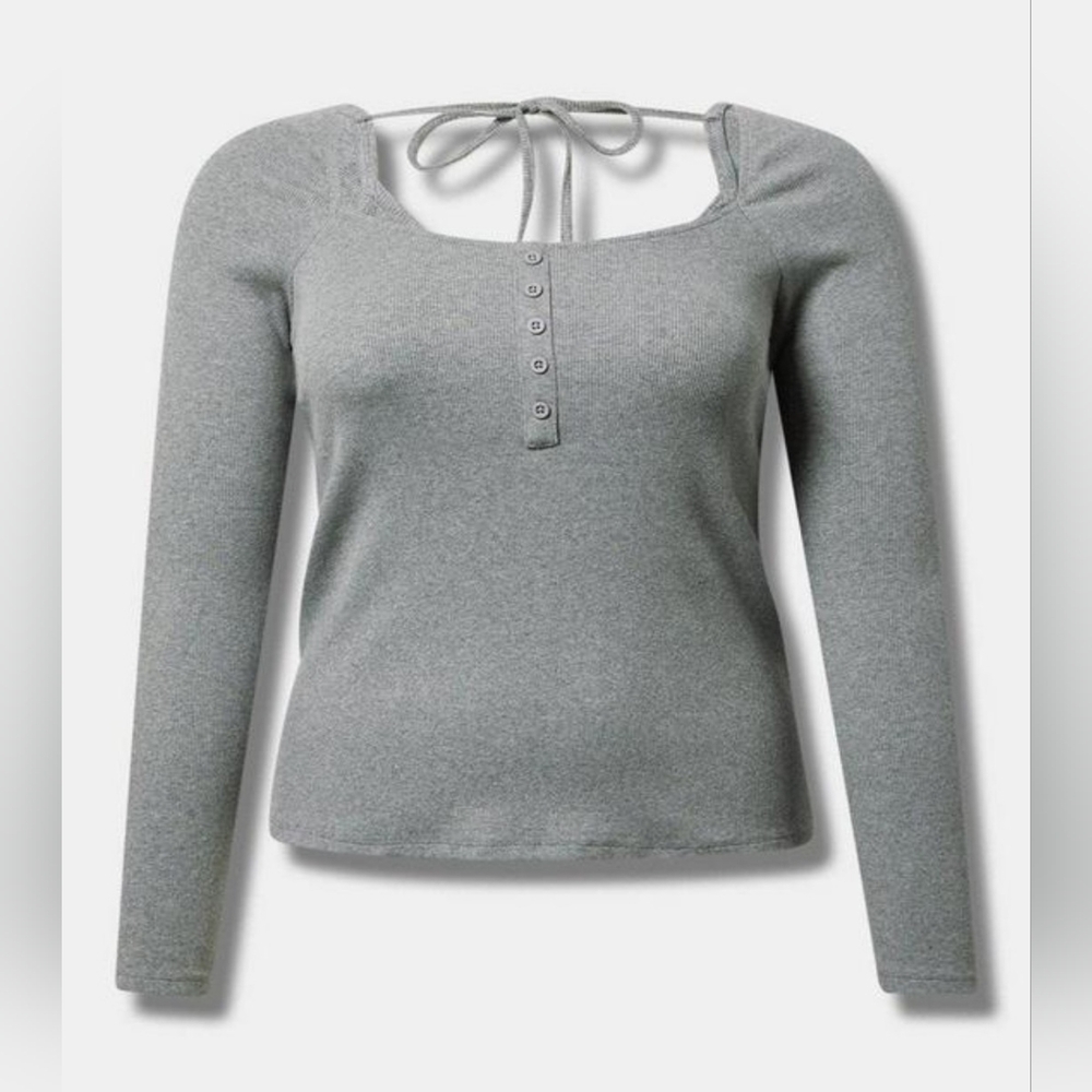 New Torrid 1X(14/16W) Ribbed Scoop Neck Tie Back Long Sleeve Henley-Heather Gray